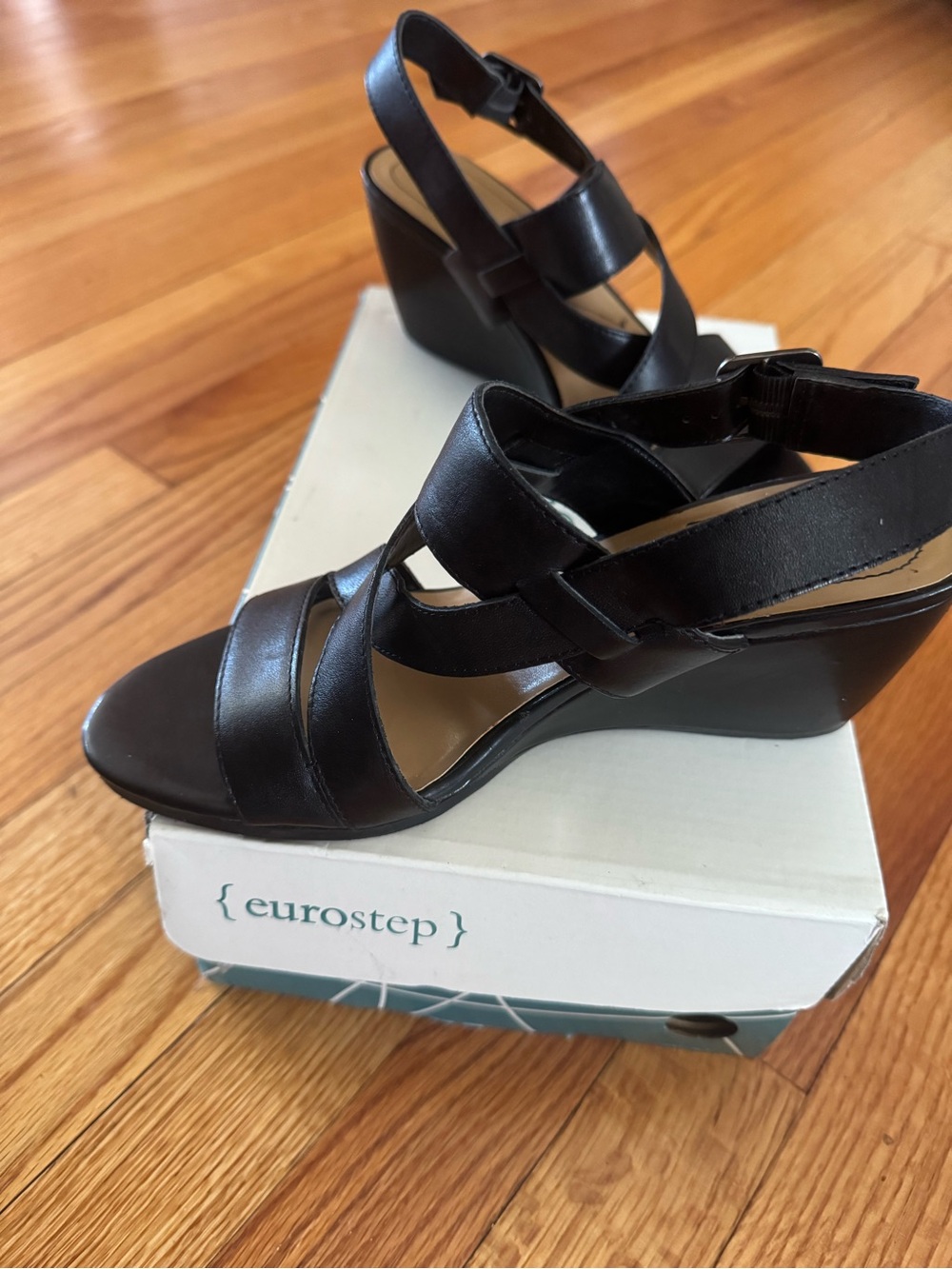 Eurostep Black Leather Wedge Sandals with Ankle Strap